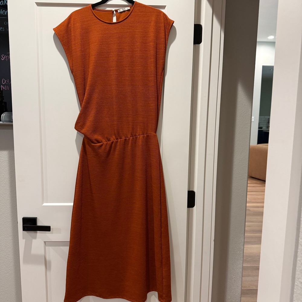 Minimalist Draped Zara Woman Classic Rust Orange Drop Waist Maxi Dress L